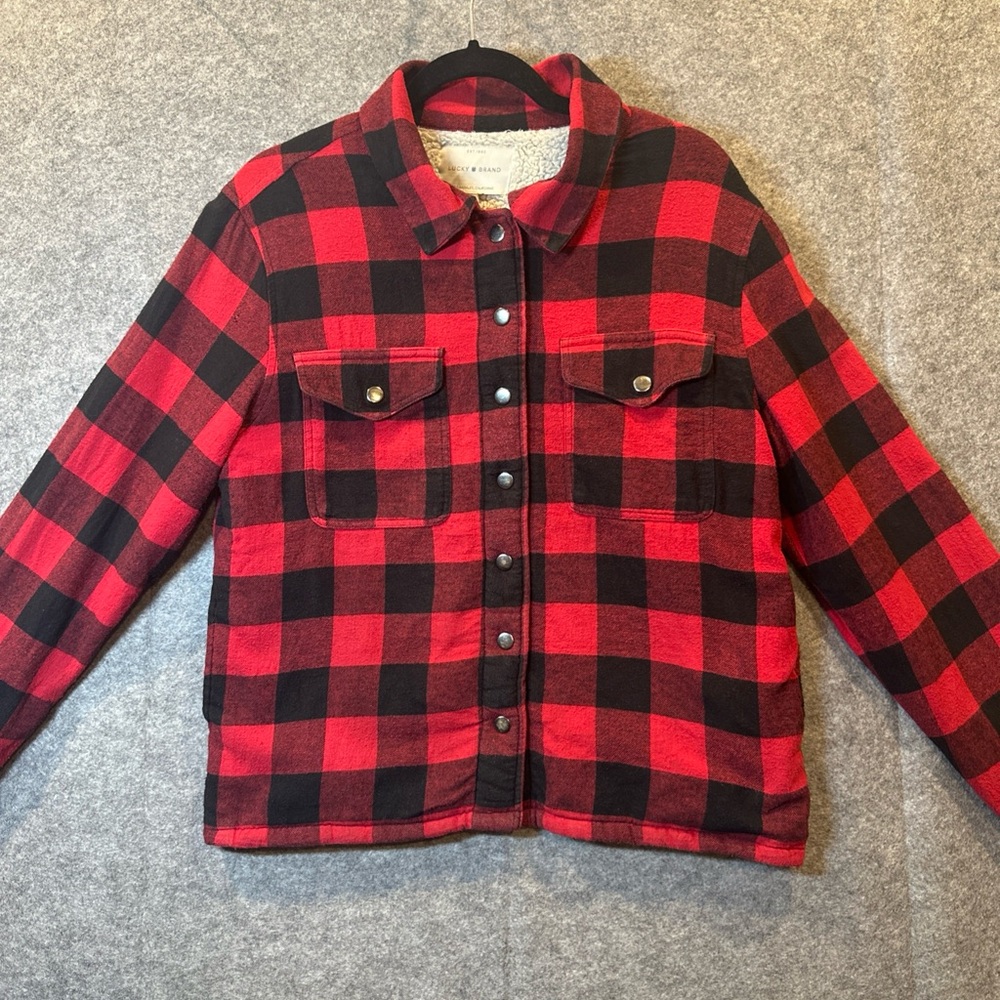 Lucky Brand Womens Jacket Shacket Red Black Checkered Cottage Core Chore Coat M